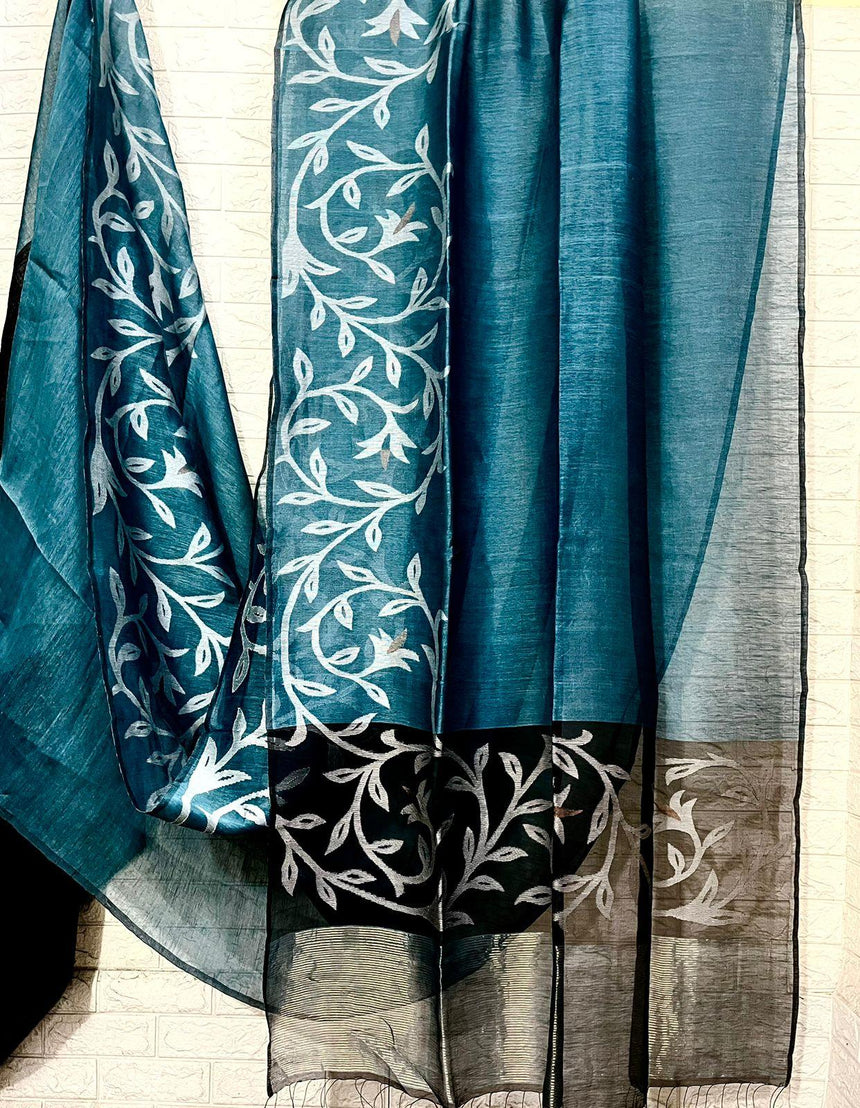 Peacock blue with skirt border floral handwoven silk linen jamdani saree - Tamal Boutique