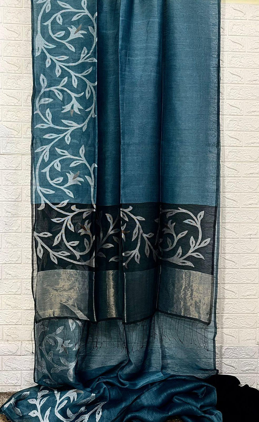 Peacock blue with skirt border floral handwoven silk linen jamdani saree - Tamal Boutique