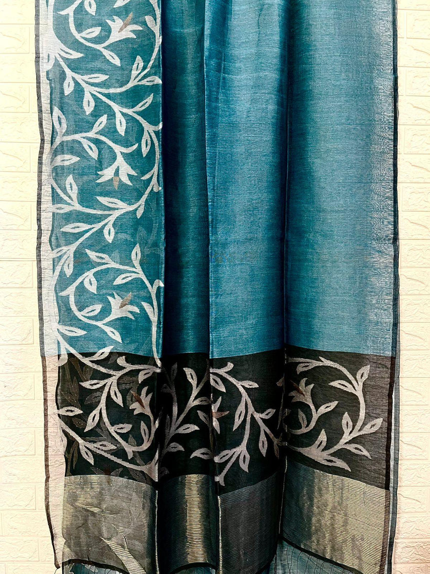Peacock blue with skirt border floral handwoven silk linen jamdani saree - Tamal Boutique