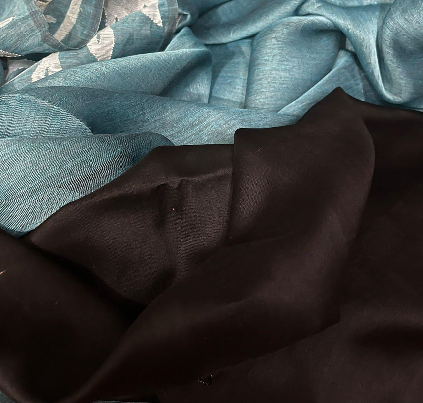 Peacock blue with skirt border floral handwoven silk linen jamdani saree - Tamal Boutique