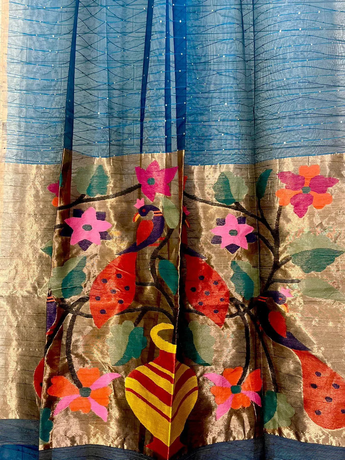 Peacock blue with zari border paithani sequins handwoven jamdani saree - Tamal Boutique