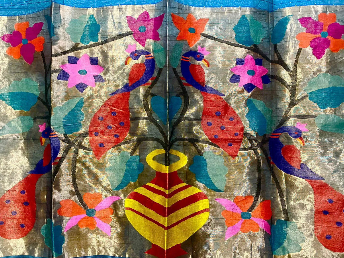Peacock blue with zari border paithani sequins handwoven jamdani saree - Tamal Boutique