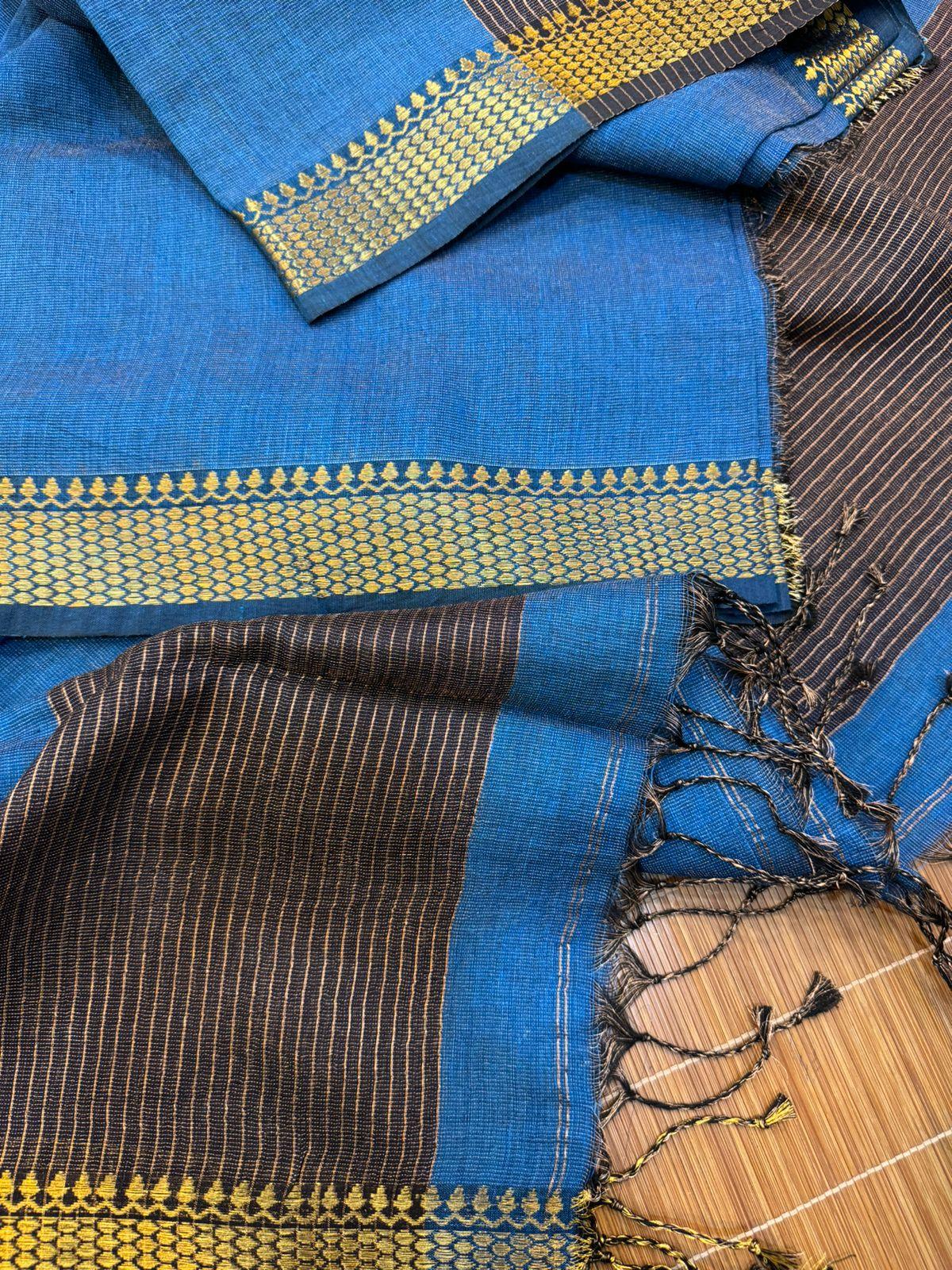 Peacock Blue Linen Kurti and Dupatta Set 4