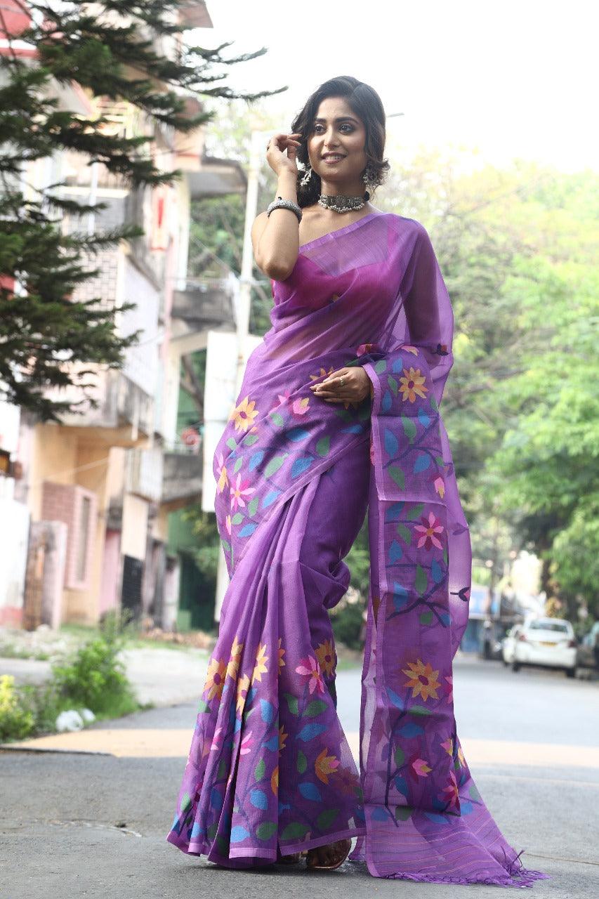 Periwinkle with multicolour floral border handwoven muslin silk jamdani saree - Tamal Boutique