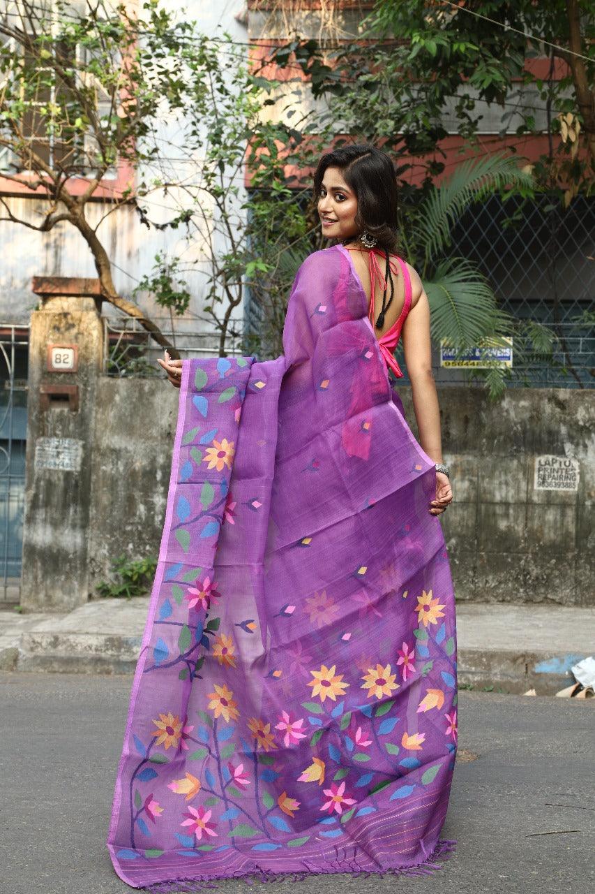 Periwinkle with multicolour floral border handwoven muslin silk jamdani saree - Tamal Boutique