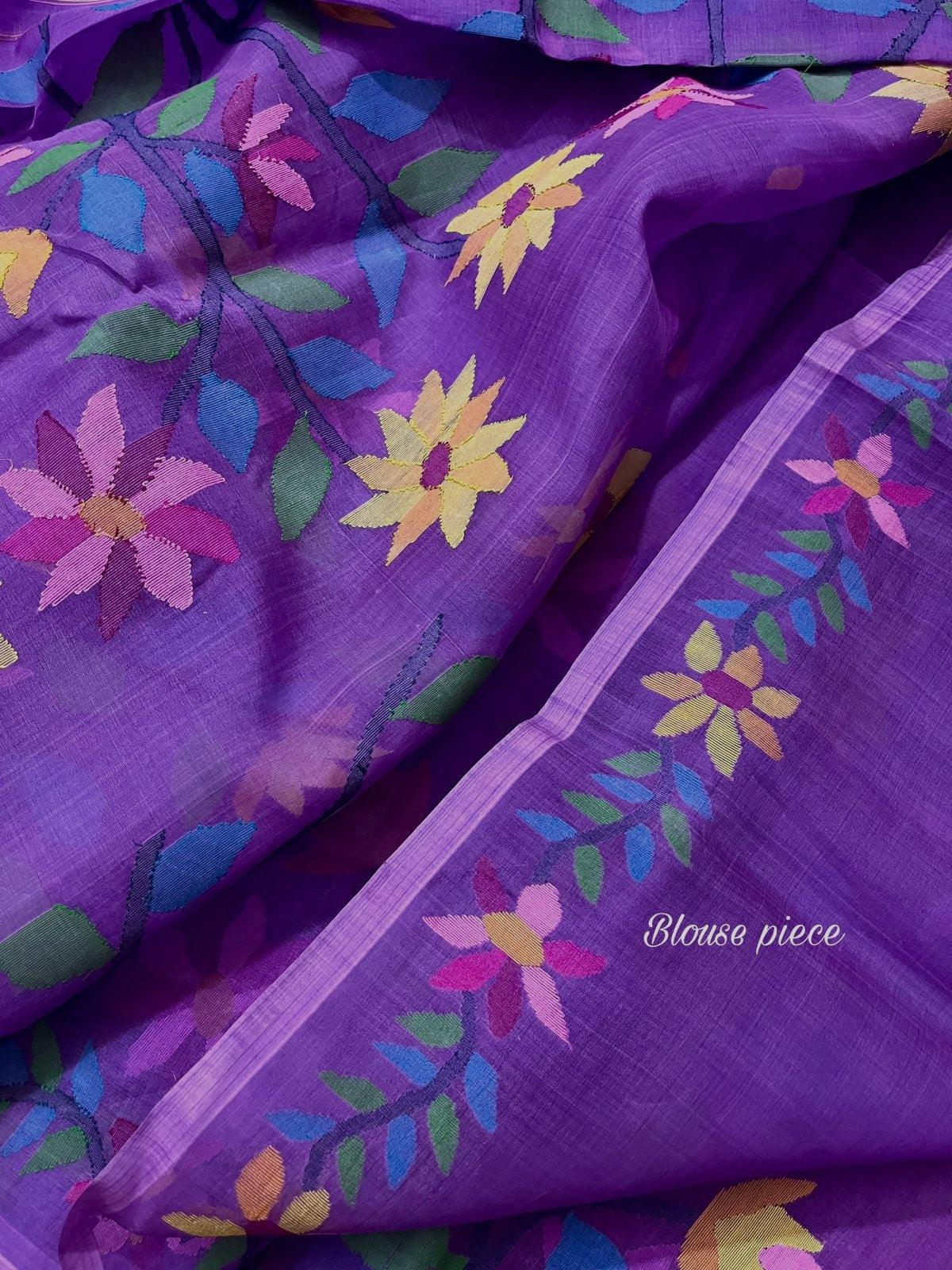 Periwinkle with multicolour floral border handwoven muslin silk jamdani saree - Tamal Boutique