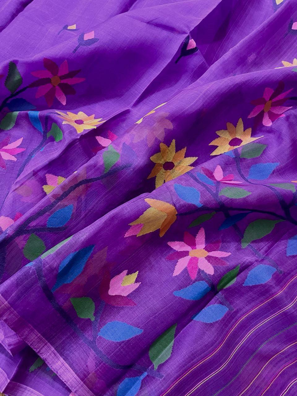 Periwinkle with multicolour floral border handwoven muslin silk jamdani saree - Tamal Boutique