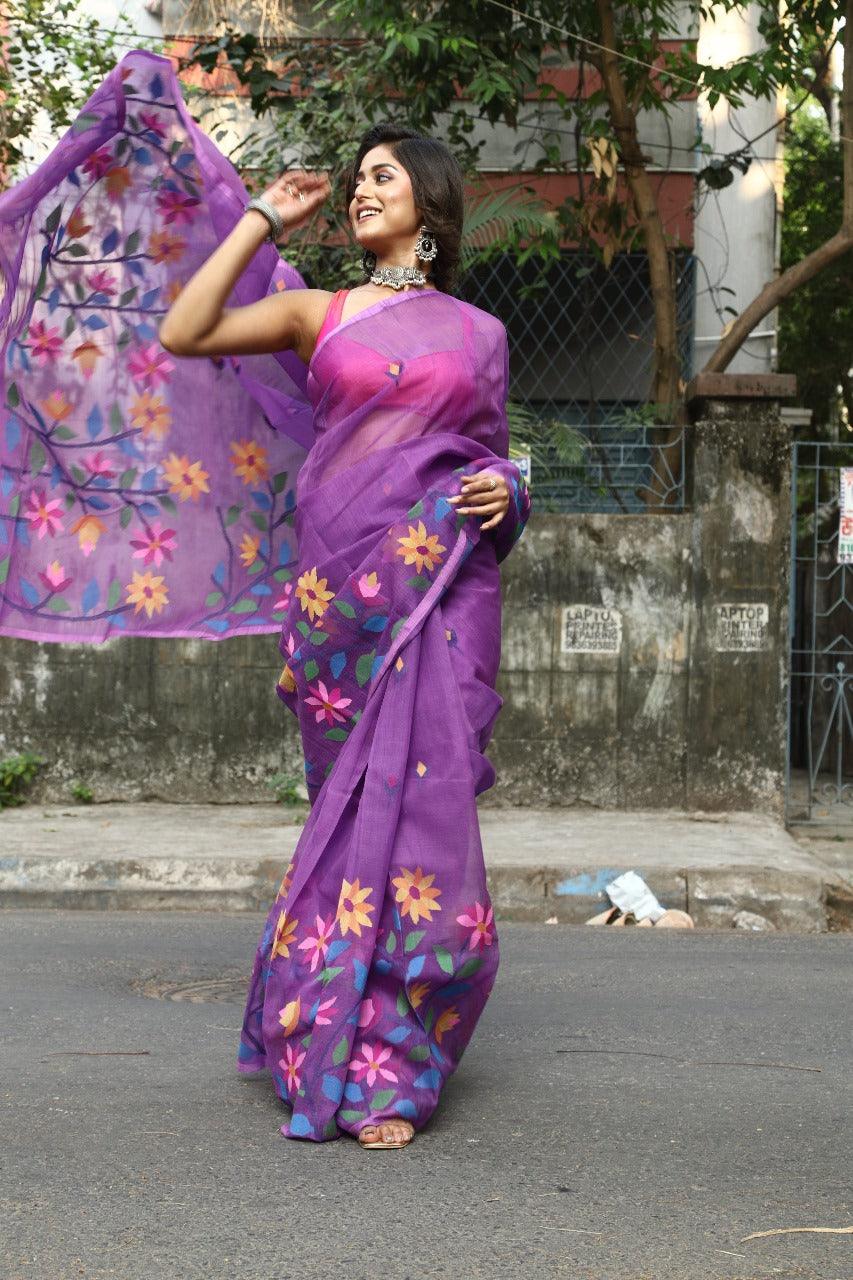 Periwinkle with multicolour floral border handwoven muslin silk jamdani saree - Tamal Boutique