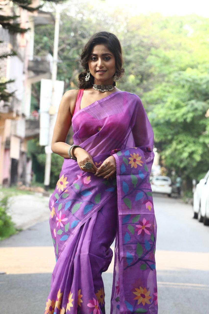 Periwinkle with multicolour floral border handwoven muslin silk jamdani saree - Tamal Boutique