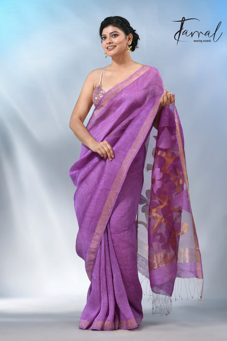 Periwinkle with zari border silk linen handwoven jamdani saree
