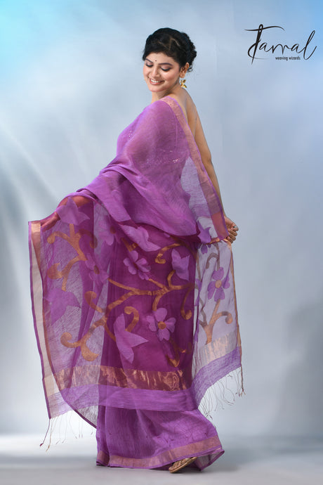 Periwinkle with zari border silk linen handwoven jamdani saree