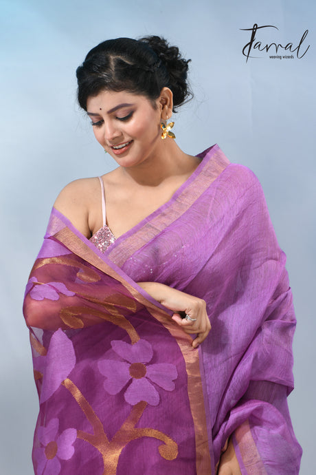 Periwinkle with zari border silk linen handwoven jamdani saree