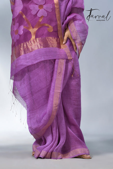 Periwinkle with zari border silk linen handwoven jamdani saree