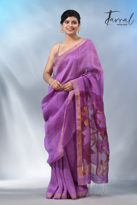 Periwinkle with zari border silk linen handwoven jamdani saree