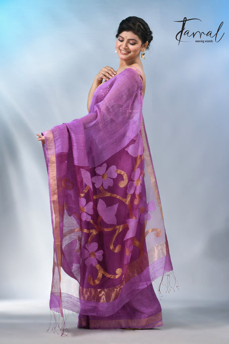 Periwinkle with zari border silk linen handwoven jamdani saree