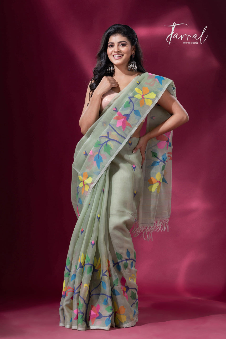 Pin green with multicolour muslin silk handwoven jamdani saree - Tamal Boutique