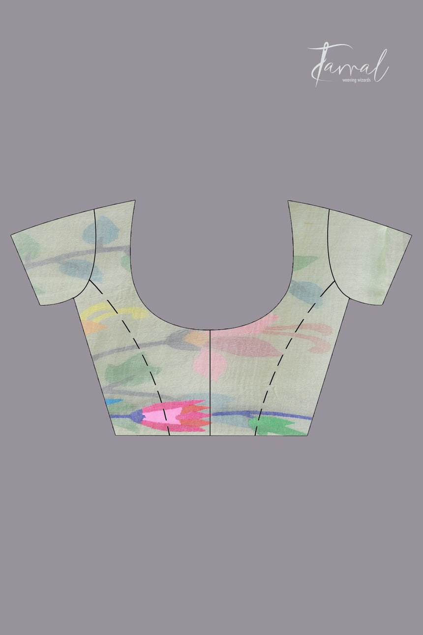 Pin green with multicolour muslin silk handwoven jamdani saree - Tamal Boutique