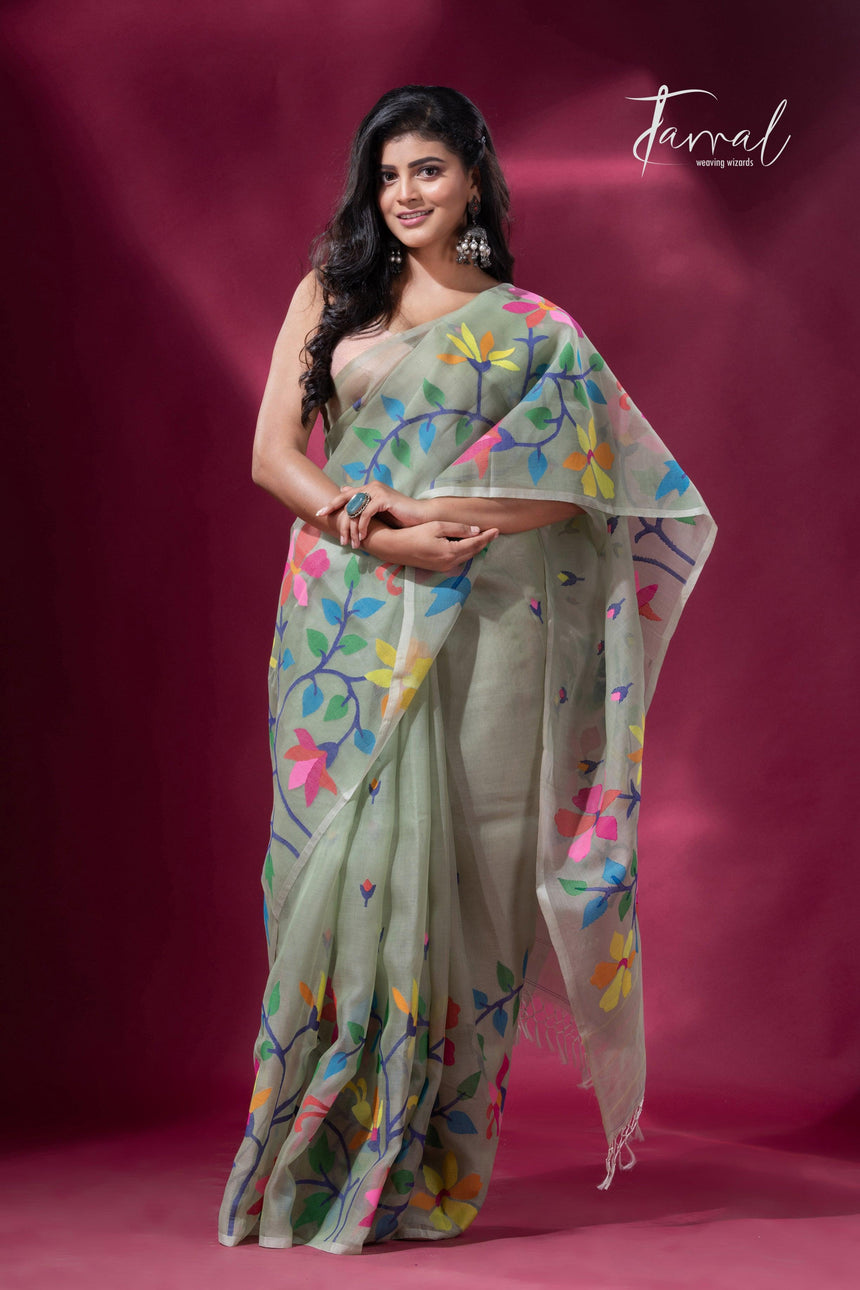 Pin green with multicolour muslin silk handwoven jamdani saree - Tamal Boutique