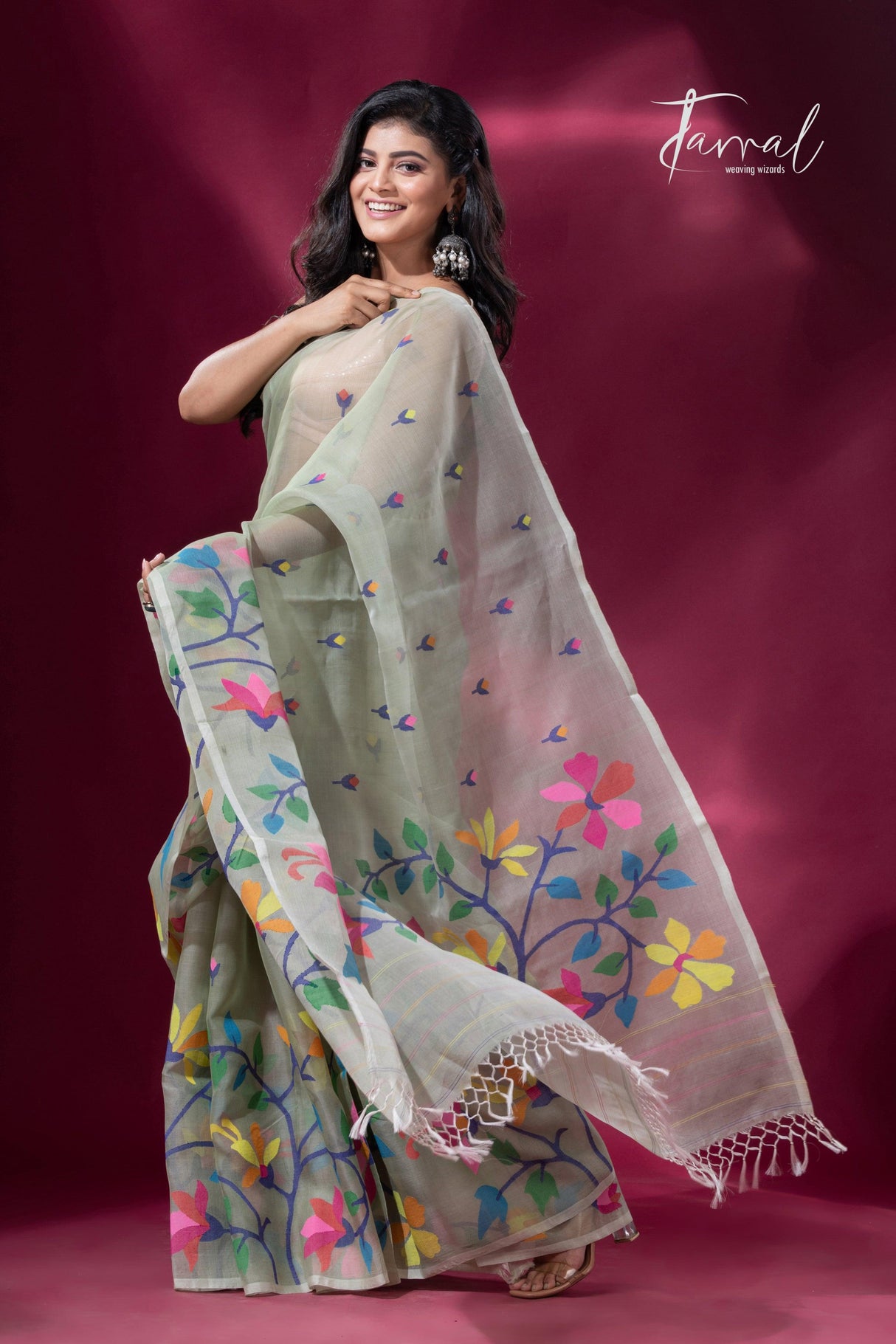 Pin green with multicolour muslin silk handwoven jamdani saree - Tamal Boutique