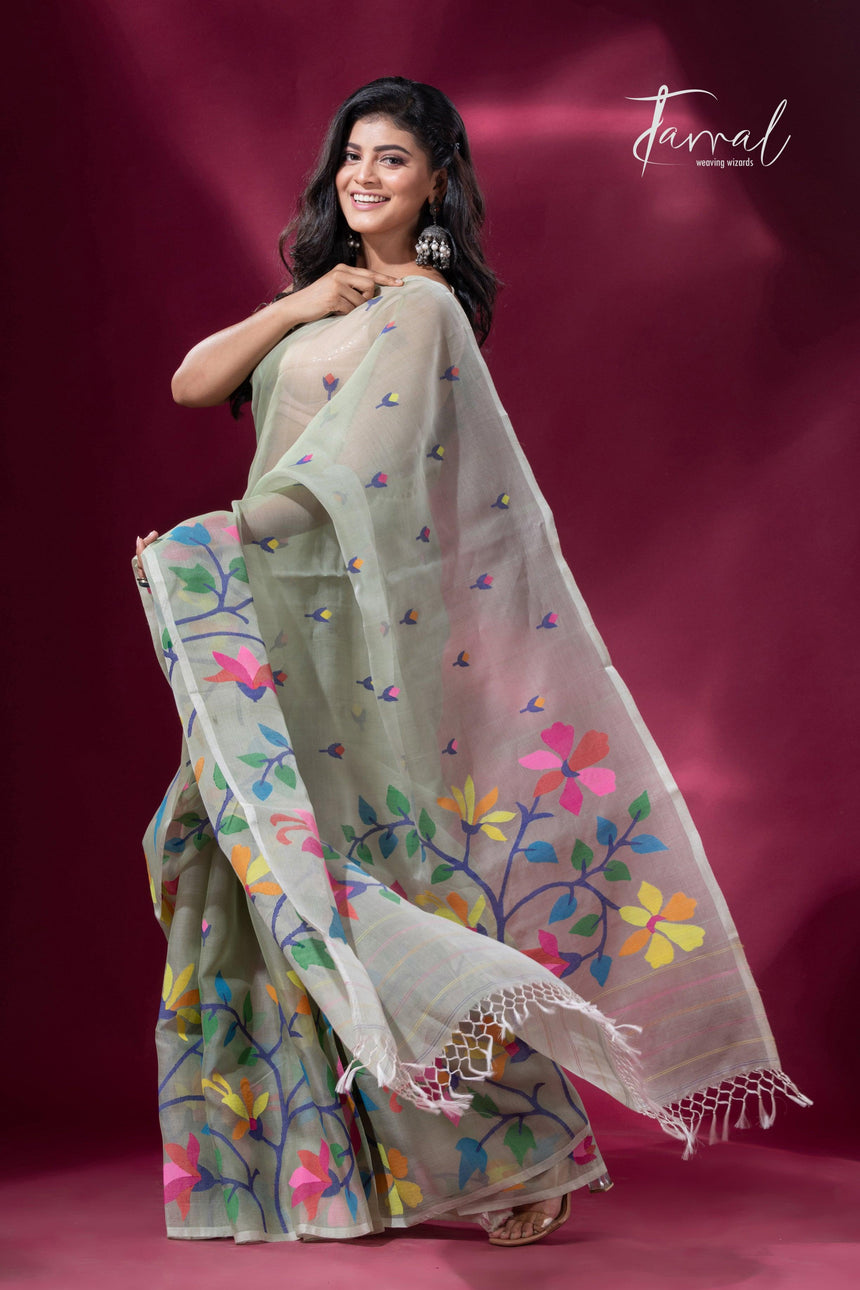 Pin green with multicolour muslin silk handwoven jamdani saree - Tamal Boutique