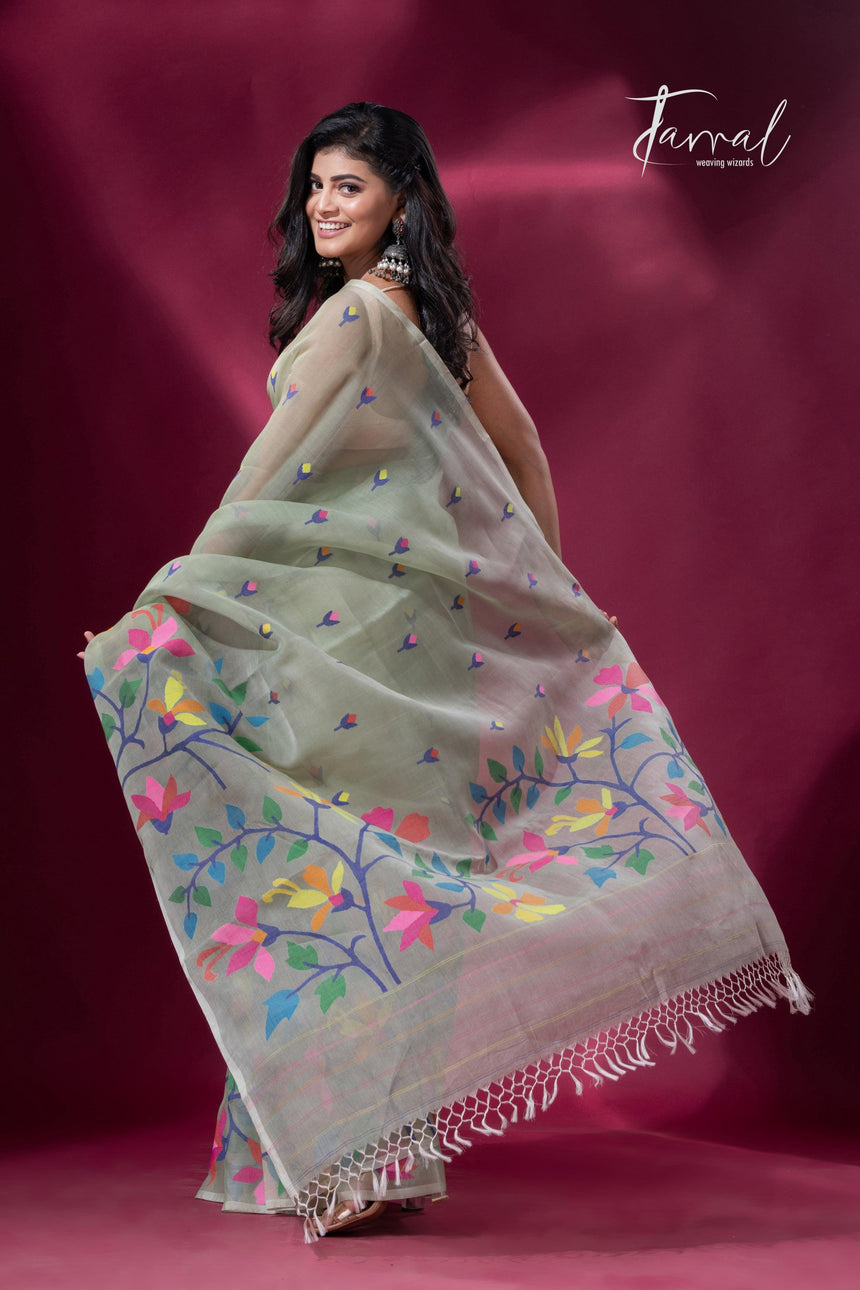 Pin green with multicolour muslin silk handwoven jamdani saree - Tamal Boutique