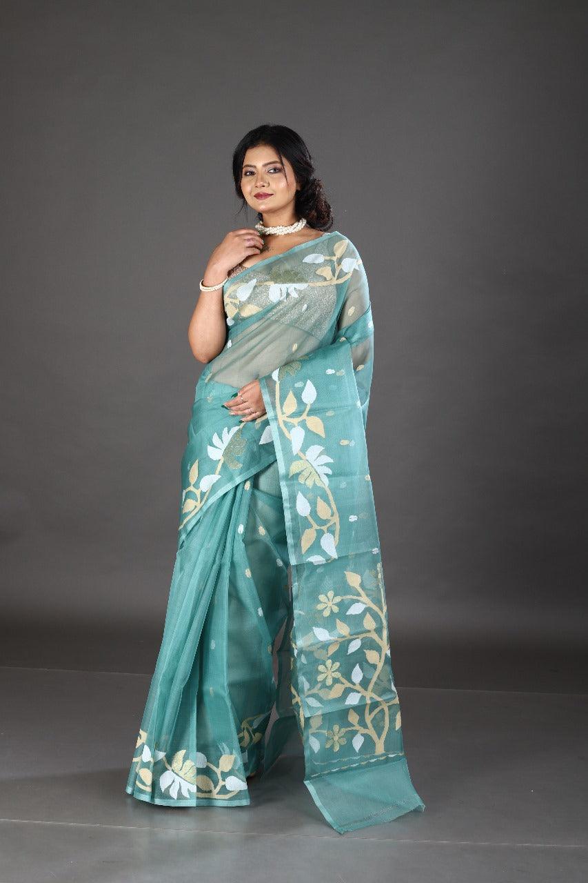 Pine green with white & zari lata motifs muslin silk handwoven jamdani saree - Tamal Boutique