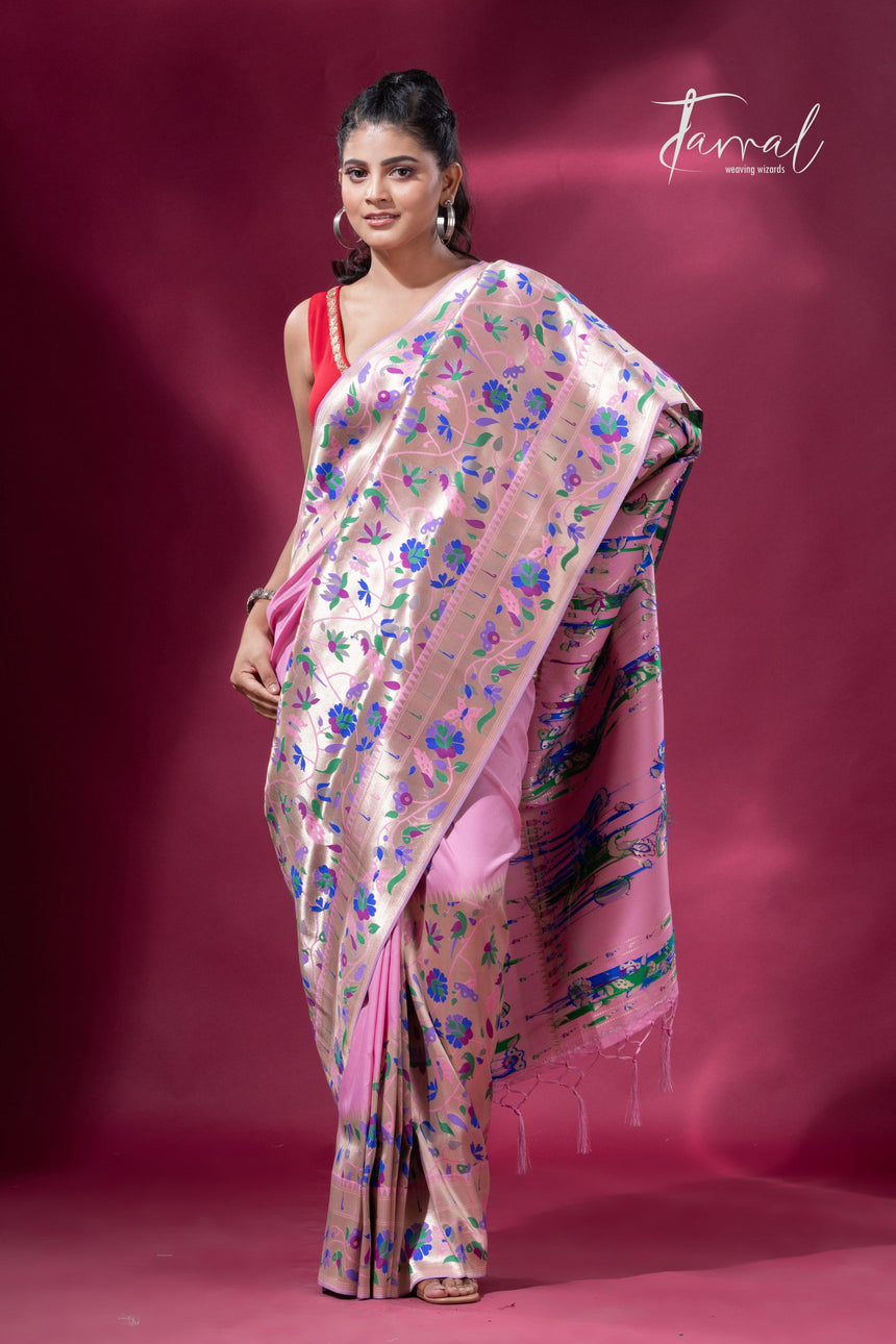 Pink And Gold Kanchipuram handloom Silk Paithani Saree full1