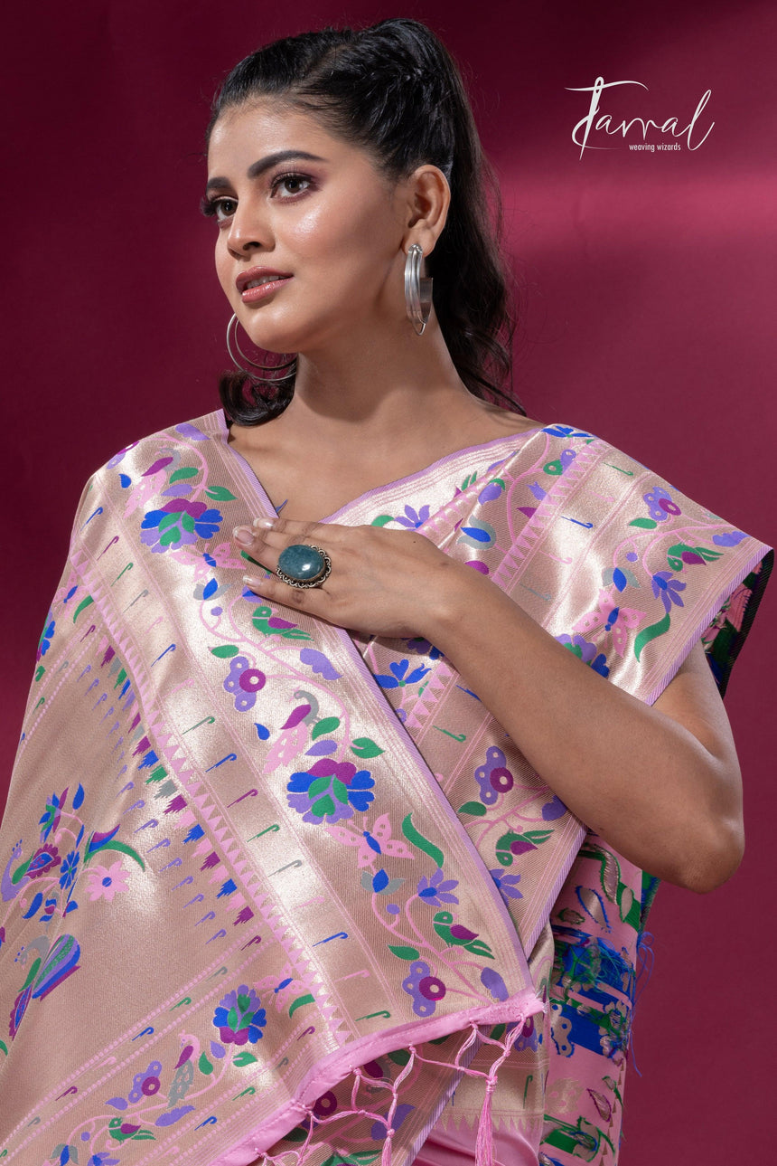 Pink And Gold Kanchipuram handloom Silk Paithani Saree full1