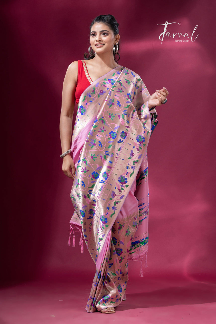 Pink And Gold Kanchipuram handloom Silk Paithani Saree full4