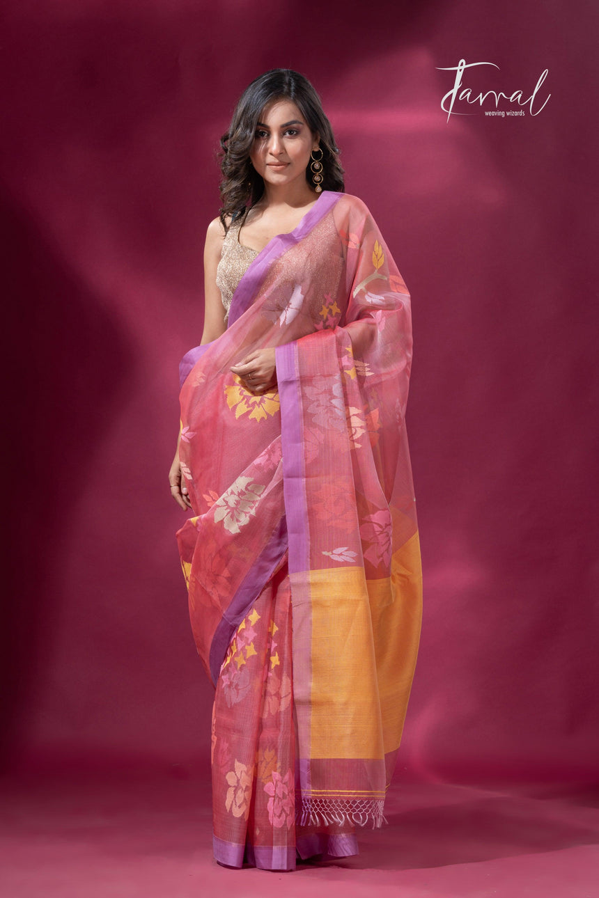 Pink border allover floral motifs handwoven jamdani saree