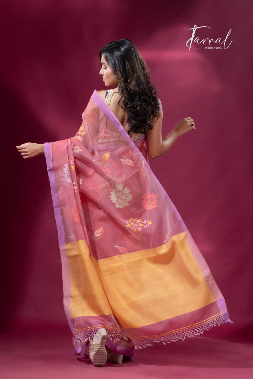 Pink border allover floral motifs handwoven jamdani saree back