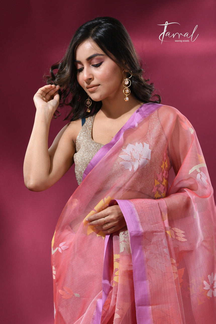 Pink border allover floral motifs handwoven jamdani saree cls