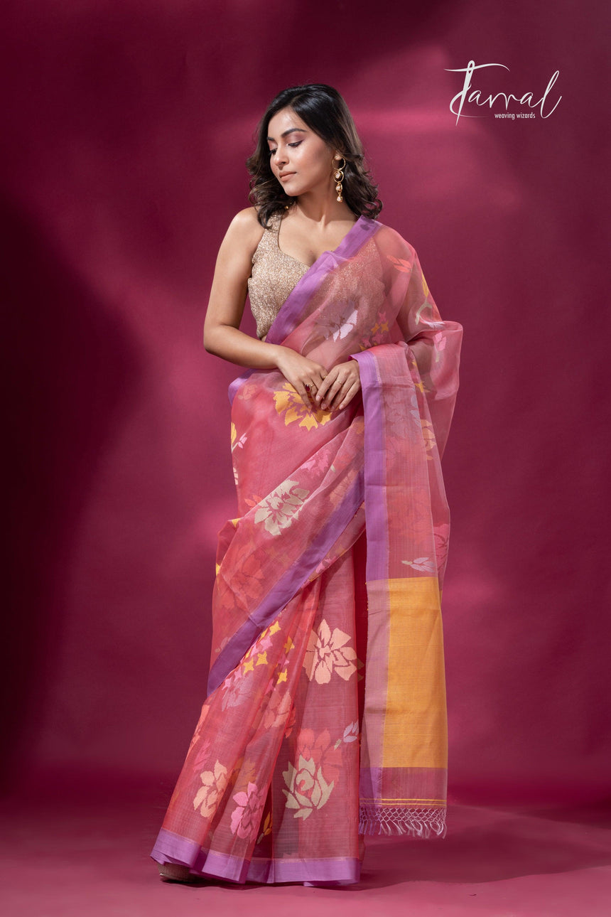 Pink border allover floral motifs handwoven jamdani saree full