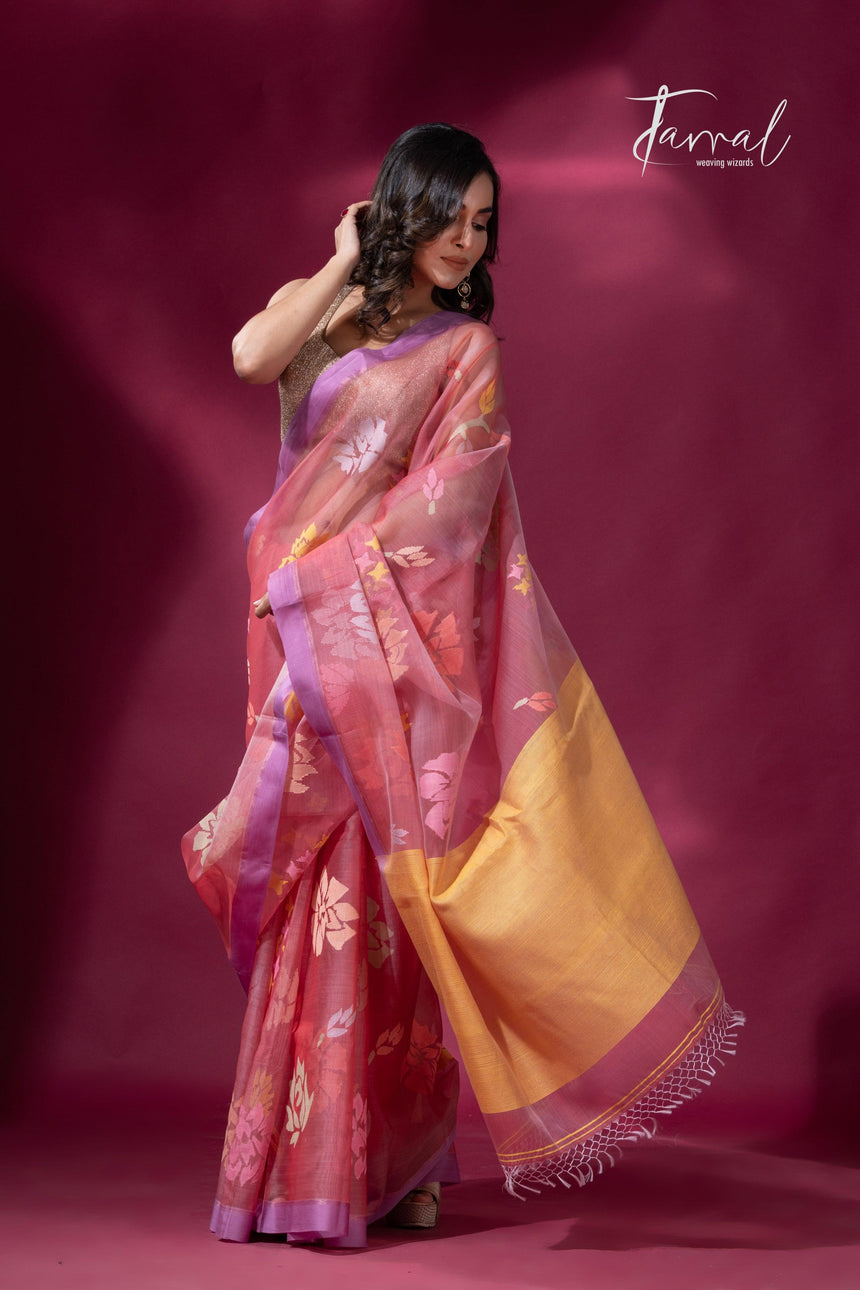 Pink border allover floral motifs handwoven jamdani saree right
