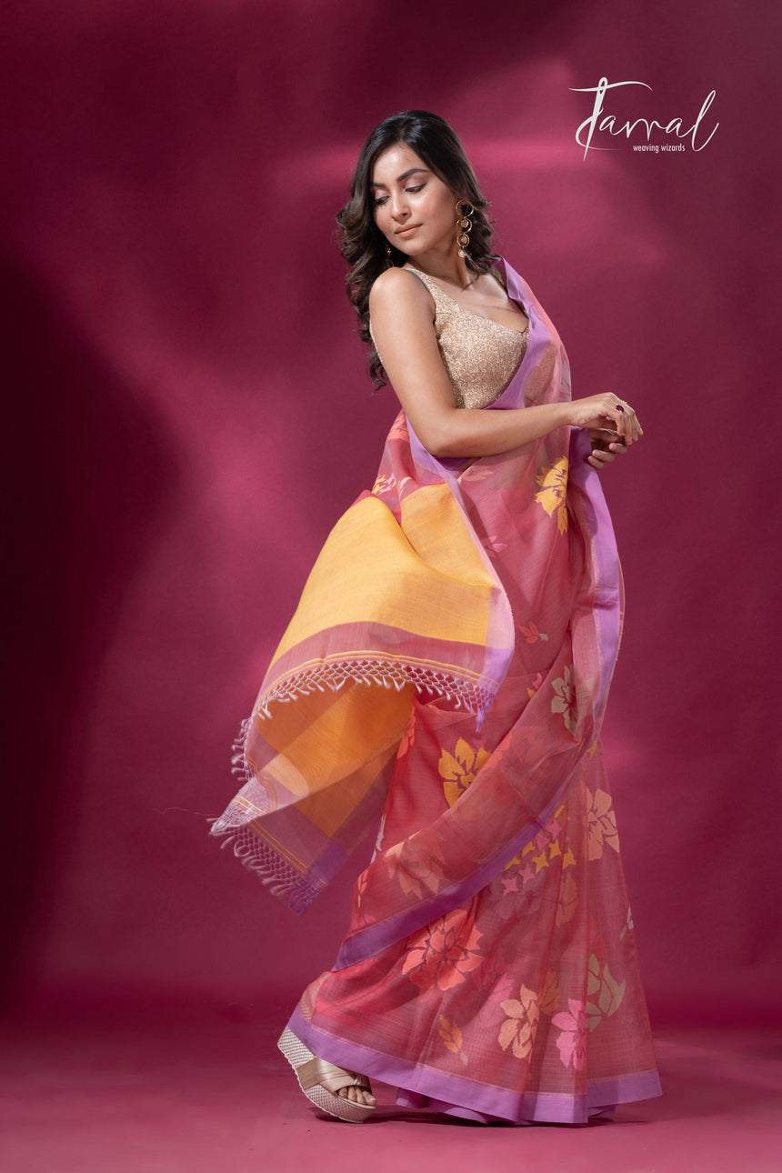 Pink border allover floral motifs handwoven jamdani saree right1