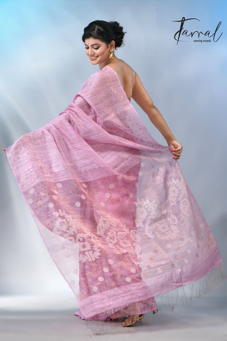 Pink color tissue matka silk sequins handwoven jamdani saree