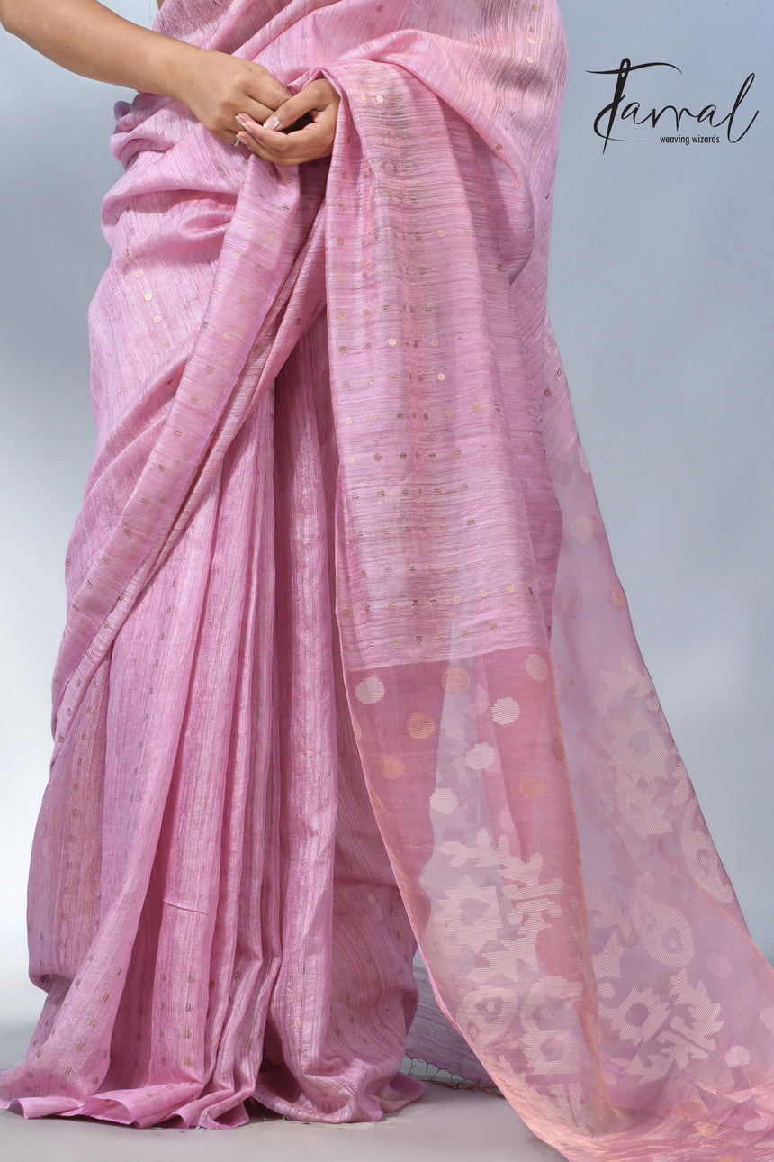 Pink color tissue matka silk sequins handwoven jamdani saree