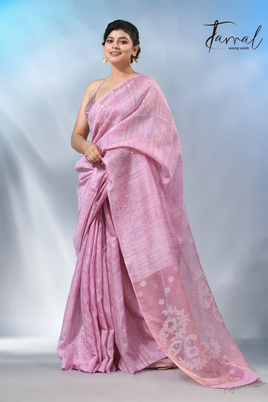 Pink color tissue matka silk sequins handwoven jamdani saree