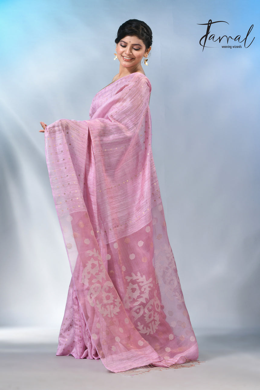 Pink color tissue matka silk sequins handwoven jamdani saree