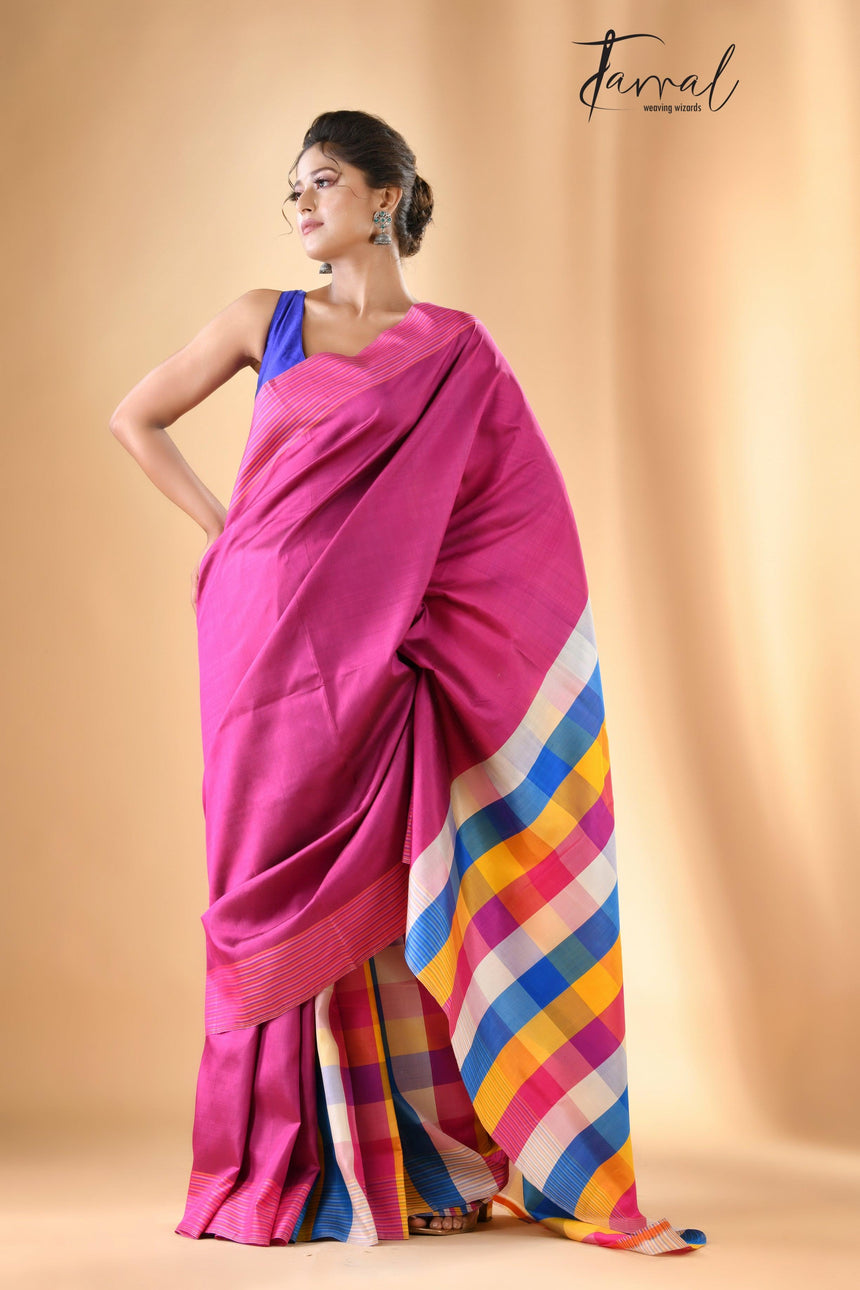 Pink with multicolour handcrafted Bishnupuri Katan Silk Saree