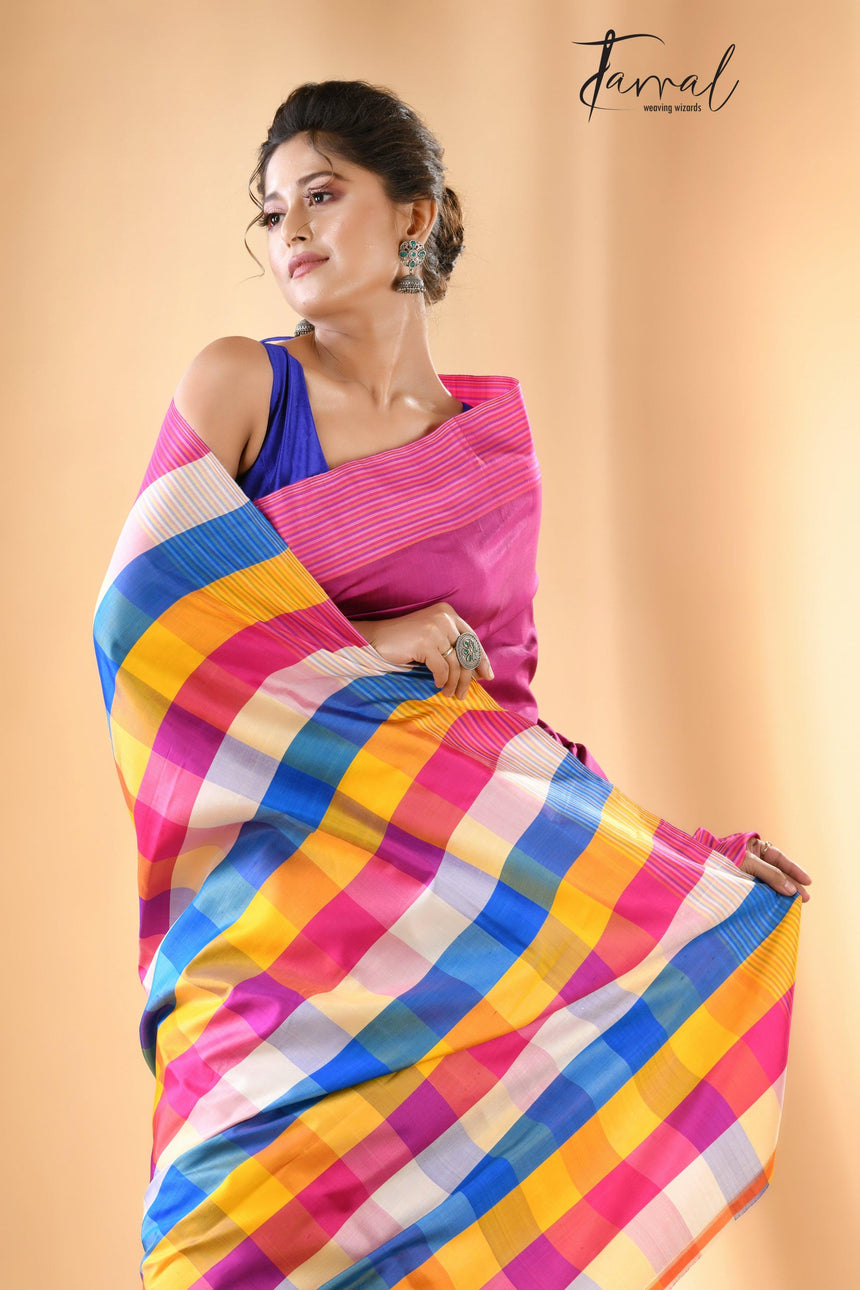 Pink with multicolour handcrafted Bishnupuri Katan Silk Saree