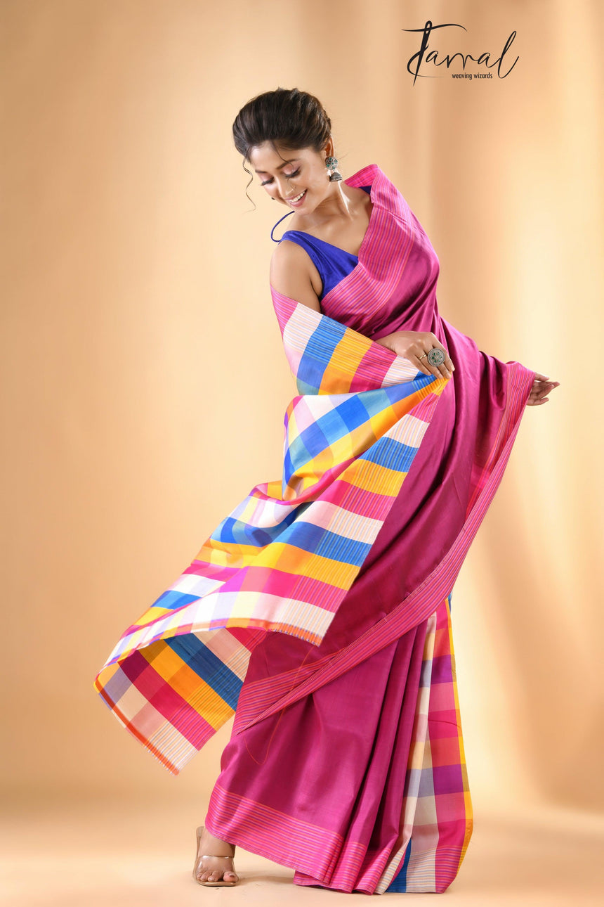 Pink with multicolour handcrafted Bishnupuri Katan Silk Saree