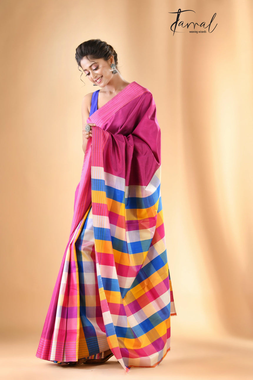 Pink with multicolour handcrafted Bishnupuri Katan Silk Saree