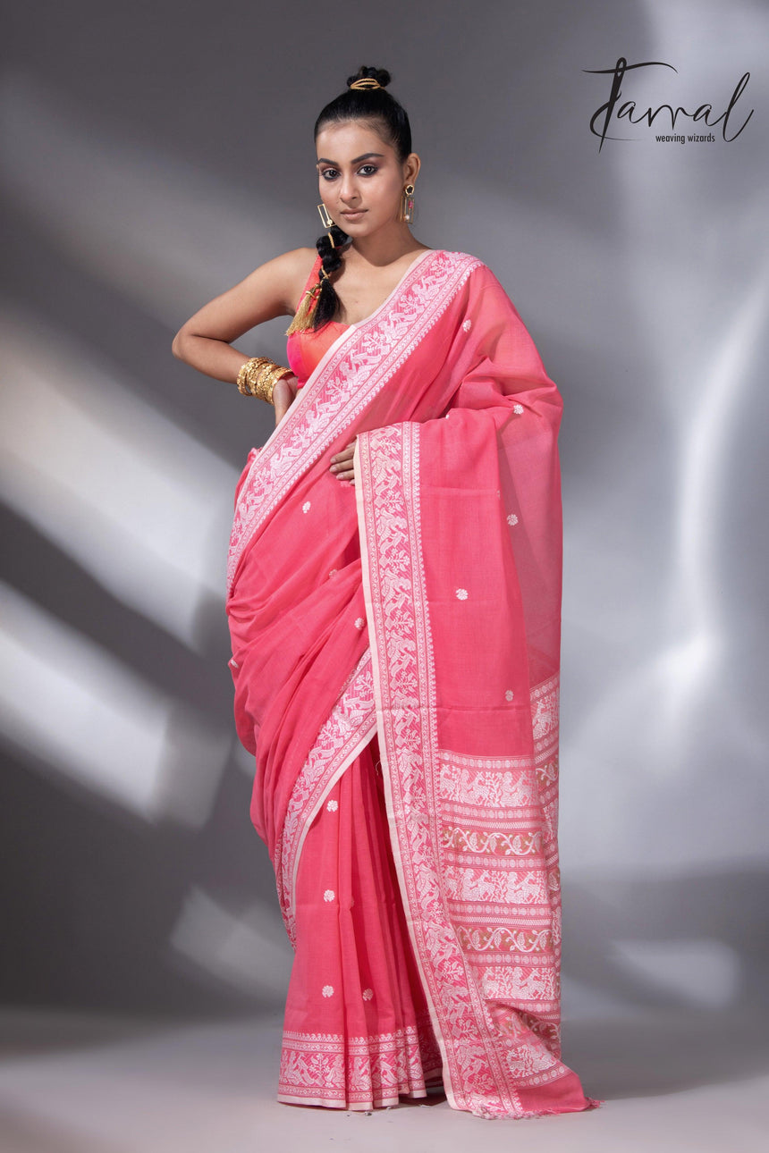 Pink with white border pure cotton baluchari handloom saree