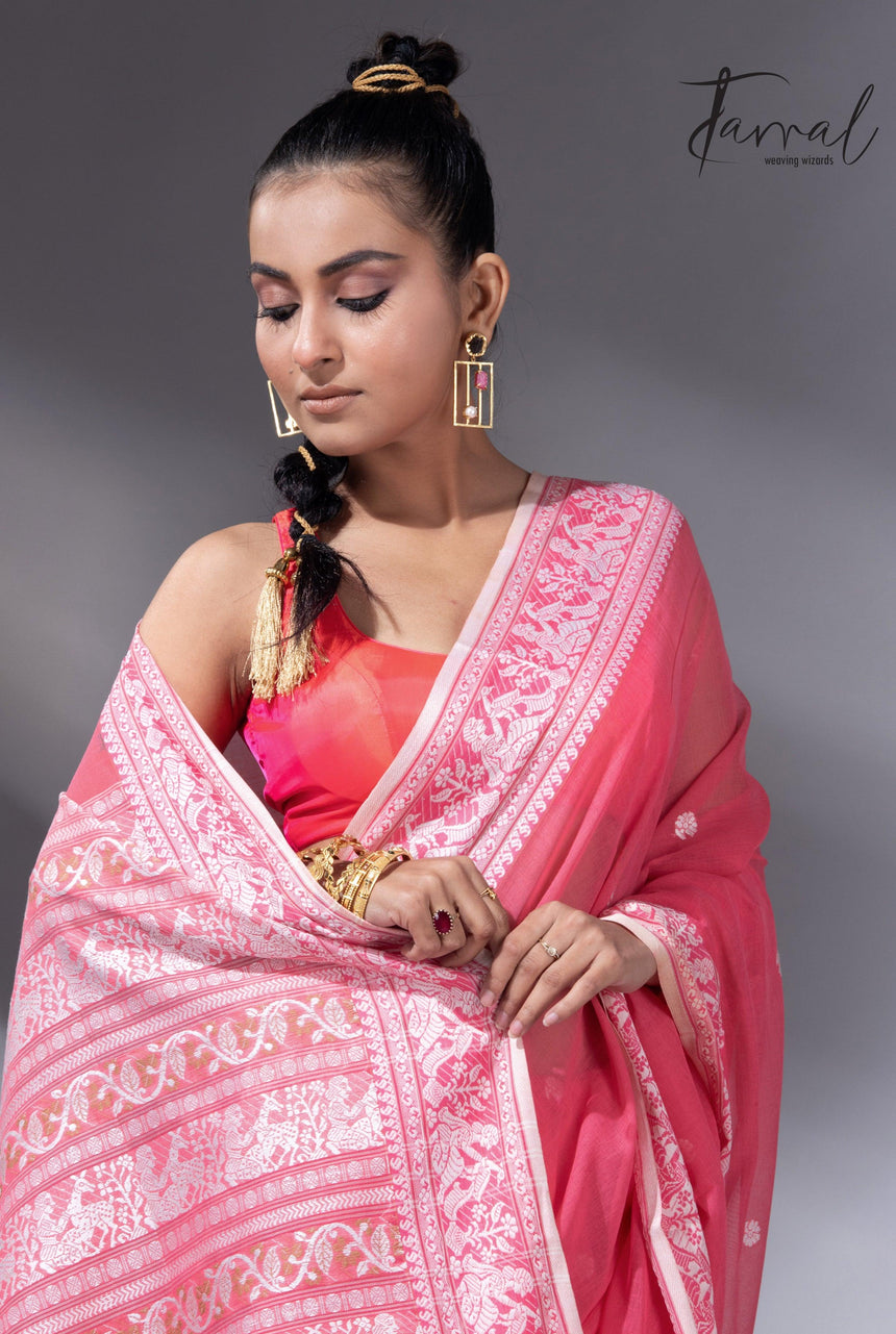 Pink with white border pure cotton baluchari handloom saree