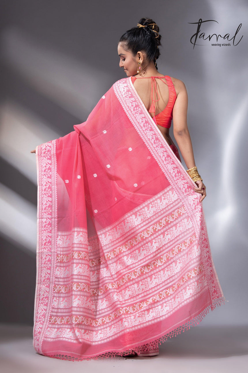 Pink with white border pure cotton baluchari handloom saree