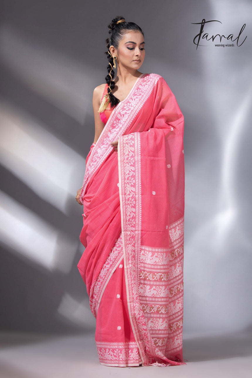 Pink with white border pure cotton baluchari handloom saree