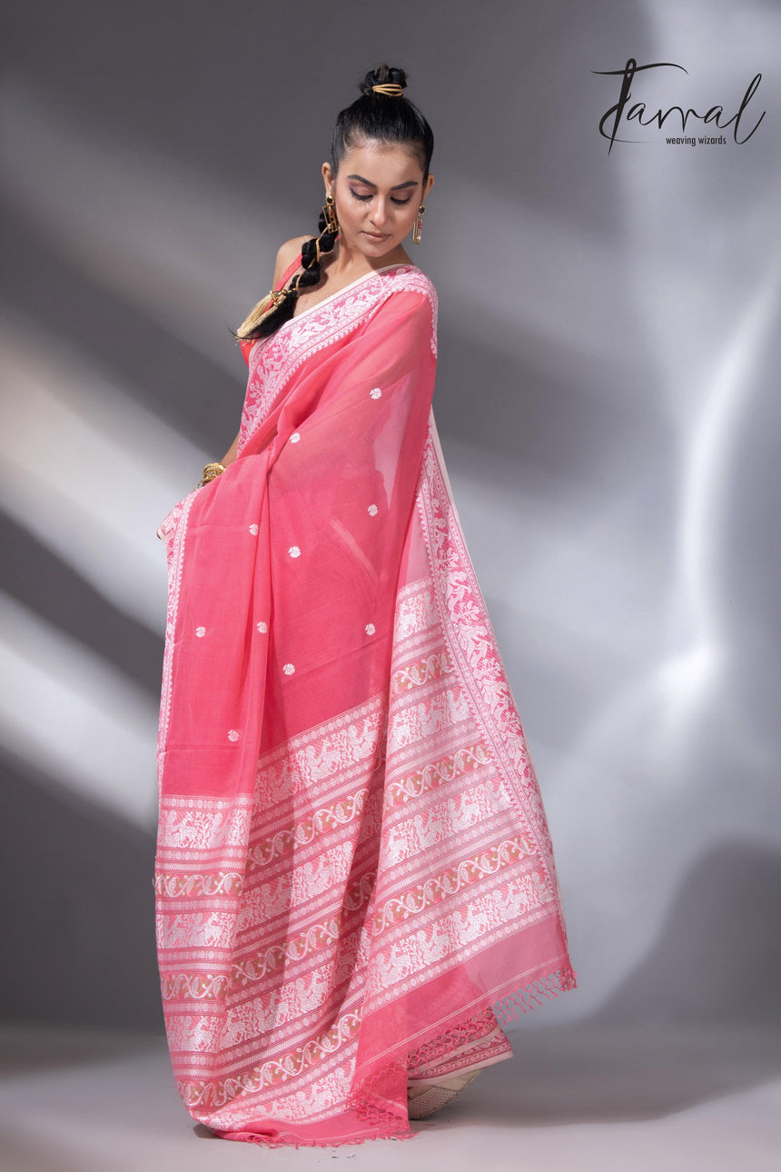Pink with white border pure cotton baluchari handloom saree