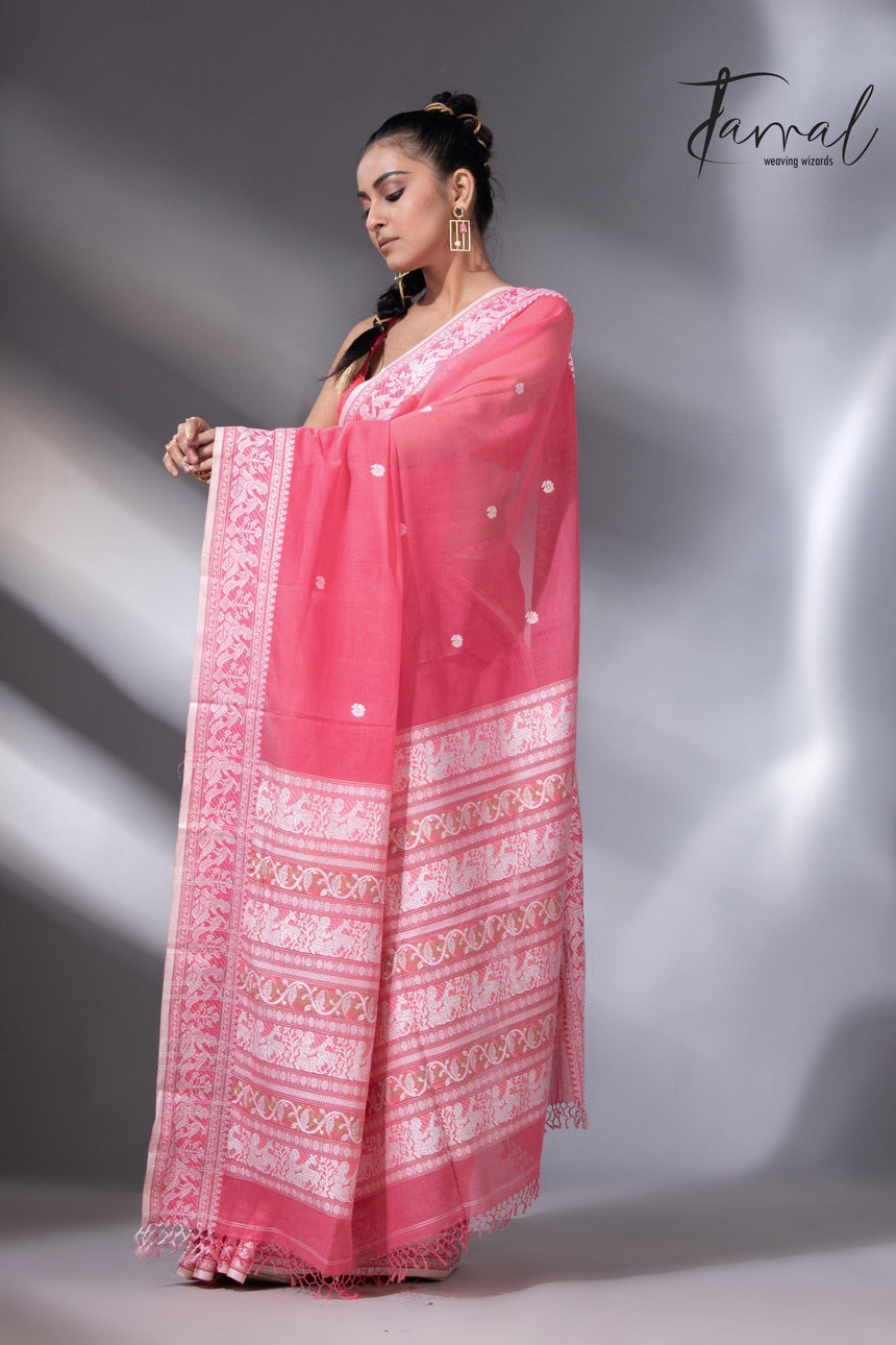 Pink with white border pure cotton baluchari handloom saree