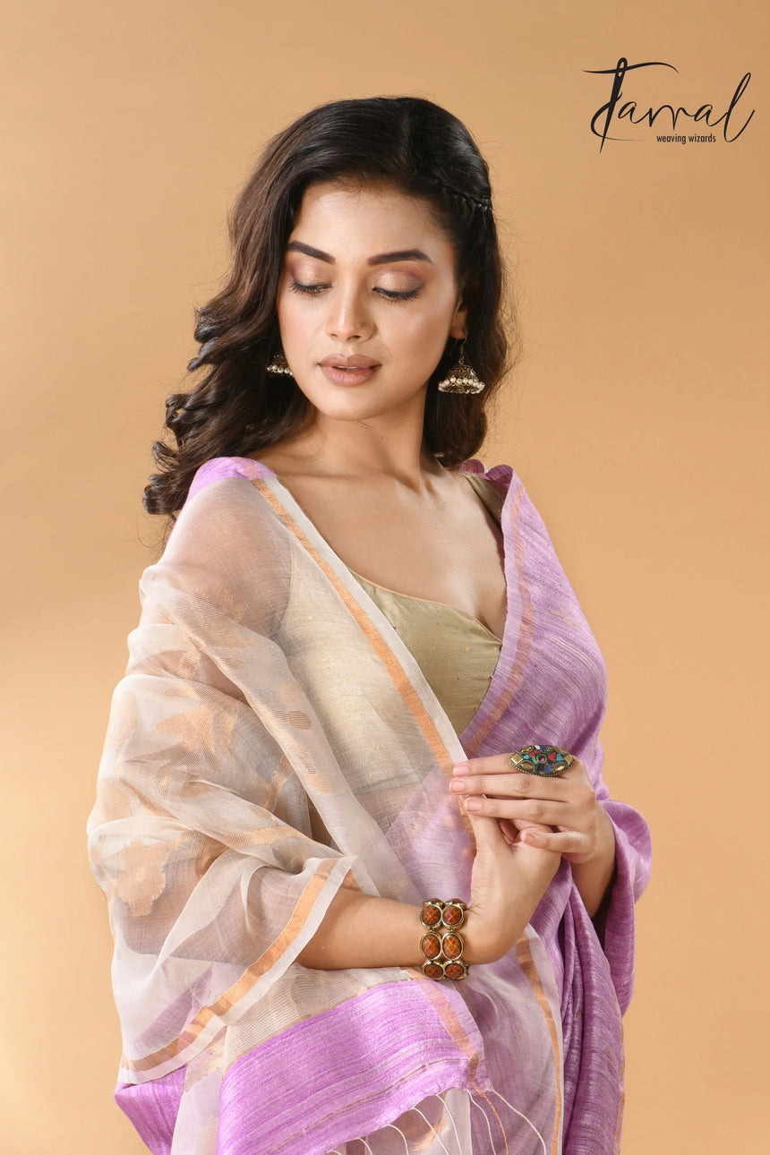 Pink with white floral pallu matka silk handwoven jamdani saree - Tamal Boutique